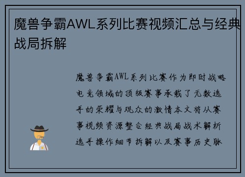 魔兽争霸AWL系列比赛视频汇总与经典战局拆解